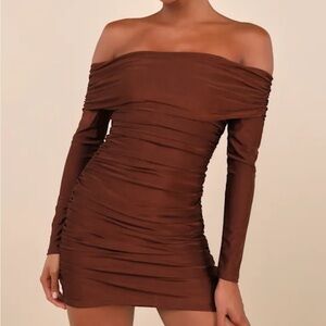 Lulu's Brown Ruched Off-Shoulder Bodycon Dress